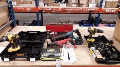 5 PIECE MIXED TOOL LOT TO INCLUDE DEWALT DCD790D2 COMES WITH BATTERY , RYOBI THE ERGO SCREWDRIVER SET - COMES WITH BATTERY AND CHARGER , EINHELL TE-AP 18 LI ) CORDLESS RECIRPOCATING SAW , ERBAUER RECIPROCATING SAW CORDLESS , STANLEY BRUSHLESS DRILL 18 V