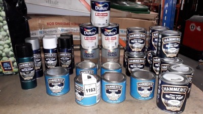 27 X MIXED PAINT LOT TO INCLUDE HAMMERITE RADIATOR PAINT , HAMMERITE METAL PAINT IN SMOOTH WHITE / SILVER , DULUX NON DRIP GLOSS WHITE PAINT , HAMMERITE METAL SPRAY PAINT SATIN BLACK / SMOOTH WHITE ETC