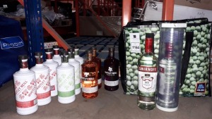 12 X BRAND NEW ALCOHOL LOT TO INCLUDE 2 X SMIRNOFF VODKA COMES IN 1L / 750 ML AND 10 WHITLEY NEIL GINS TO INCLUDE STRAWBERRY AND BLACK PEPPER GIN 70CL / BRAZILIAN LIME 70CL / BLOOD ORANGE 70 CL / RHUBARB AND GINGER 70 CL