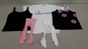 200 + PIECE MIXED CLOTHING LOT CONTAINING BABY TIGHTS IN VARIOUS COLOURS AND SIZES, WHITE CREW NECK T-SHIRTS, BLACK VESTS, NAVY UNION JACK VESTS, WHITE ENGLAND T-SHIRTS ETC