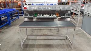 1 X INDUSTRIAL WORK BENCH WITH 2 DOUBLE SOCKETS AND HANGING TRAYS SOME CONTAINING VARIOUS PARTS. OVERALL DIMENSIONS 180x80x155cm