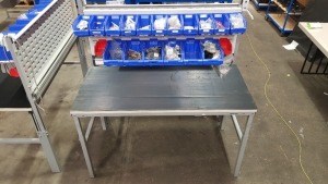 1 X TRESTON INDUSTRIAL WORK BENCH WITH 2 DOUBLE SOCKETS, ADJUSTABLE WORK BENCH HEIGHT AND HANGING TRAYS CONTAINING VARIOUS PARTS. OVERALL DIMENSIONS 150x75x155cm