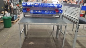 1 X TRESTON INDUSTRIAL WORK BENCH WITH 2 DOUBLE SOCKETS, ADJUSTABLE WORK BENCH HEIGHT AND HANGING TRAYS CONTAINING VARIOUS PARTS. OVERALL DIMENSIONS 150x75x155cm