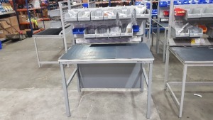 1 X TRESTON INDUSTRIAL WORK BENCH WITH 2 DOUBLE SOCKETS, ADJUSTABLE WORK BENCH HEIGHT AND HANGING TRAYS CONTAINING VARIOUS PARTS. OVERALL DIMENSIONS 120x75x155cm