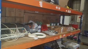 FULL SHELF CONTAINING VARIOUS COMPONENTS AND FITTINGS TO INCLUDE TOLEDO WEIGHING SCALE, SMC CYLINDERS, METAL MATE POZI PAN HEAD MACHINE SCREWS, UNBRAKO SOCKET HEAD CAPS, METRIC SOCKET SHOULDER SCREWS, VARIOUS CABLES, ETC