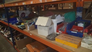 FULL SHELF CONTAINING VARIOUS TOOLS AND COMPONENTS TO INCLUDE TUB OF FILES, TUB OF VARIOUS WELDING ELECTRODES, ECO MIG WIRE, MASTER PLUG FUSE WIRES, HILINE ZERO LOSS AUTODRAIN, VARIOUS FITTINGS, ETC