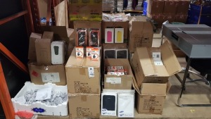 1000+ MIXED LOT CONTAINING VARIOUS PHONE AND TABLET CASES (IE.: SAMSUNG GALAXY NOTE, IPHONE 6+, IPHONE 5, 5S, SE, ETC), FLUSH DOUBLE COAX OUTLETS, USB CHARGERS, SOAP DISPENSERS, BIKE PHONE HOLDERS, ETC