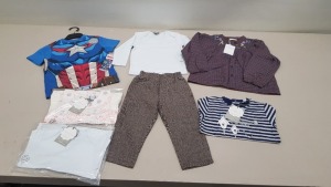 50 X PIECE MIXED BRAND NEW HAPPYOLOGY KIDS CLOTHING LOT CONTAINING NAVY STIPPED TROUSERS, FLOWER PRINT TOPS, BLUE BABY TOPS, MARVEL AVENGERS PYJAMAS ETC