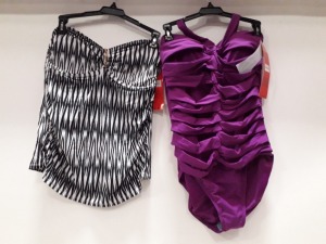 11 X PIECE LOT INCLUDING 9 X BRAND NEW SPANX LOOP TANKINI IN ZIGZAG ZEBRA STYLE SIZE (10 ) - RRP $ 128.00 TOTAL RRP $ 1408.00 AND 2 X BRAND NEW SPANX ONE PIECE BODY SUIT IN PURPLE IN SIZE (12) (NOTE: SOME BRASS COLOURED CLASPS MAY BE DISCOLOURED SLIGH