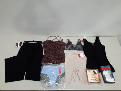 40 X PIECE MIXED SPANX LOT CONTAINING TOUT AND ABOUT SHAPING SUITS , COTTON CREW T-SHIRTS , TANK SLIMMING VEST , BACK SOOTHING BRA IN DUSTY VIOLET , ON THE GO PANTS ETC ALL IN VARIOUS SIZES AND COLOURS