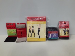 40 X BRAND NEW MIXED SPANX LOT CONTAINING SHEER KNEE HIGHS IN COCOA COLOUR , TOPLESS TROUSER SOCKS , TIGHT-END TIGHTS , MID THIGH SHAPER , TOPLESS LEGBAND TROUSER SOCKS ETC ALL IN VARIOUS COLOURS AND SIZES