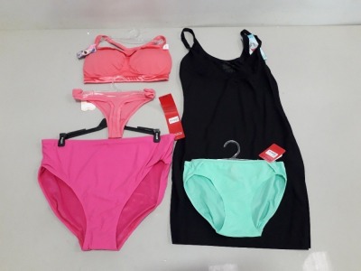 35+ PIECE LOT CONTIAINING 10 X BRAND NEW ALLROUND BRA IN PINK , 10 X FULL COVERAGE BODYSUITS IN BRIGHT PINK , 15 X ONE SIZE THONGS IN BRIGHT PINK AND 5 X BIKINI BRIEFS IN TURQUOISE AND 1 X OPEN BUST BODY SUIT ALL IN VARIOUS SIZES AND COLOURS