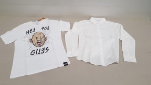 80 X BRAND NEW MIXED CLOTHING LOT CONTAINING RUSSEL COLLECTION SHIRTS ALL IN WHITE ALL IN SIZE S , THE GOONIES T-SHIRTS IN WHITE IN SMALL , FRUIT OF THE LOOM PLAIN WHITE TOPS IN VARIOUS SIZES - COMES IN 2 TRAYS