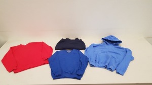 80 X BRAND NEW MIXED CLOTHING LOT TO INCLUDE FRUIT OF THE LOOM PLAIN T-SHIRTS IN VARIOUS COLOURS AND SIZES , FRUIT OF THE LOOM ZIP UP JUMPER , RUSSEL COLLECTION SWEATER , SG BOYS SWEATERS ETC - COMES IN 2 TRAYS