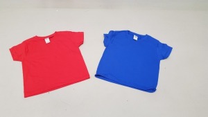 100 X BRAND NEW MIXED CLOTHING LOT TO INCLUDE RED AND BLUE FRUIT OF THE LOOM T-SHIRTS IN VARIOUS SIZES AND FRUIT OF THE LOOM T-SHIRTS WITH VARIOUS DESIGNS , COLOURS AND SIZES - COMES IN 2 TRAYS