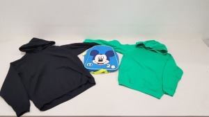 92 X BRAND NEW MIXED CLOTHING LOT TO INCLUDE FRUIT OF THE LOOM PLAIN LIGHTWEIGHT JUMPERS IN BLACK AND GREEN , GREY , FRUIT OF THE LOOM T-SHIRTS IN WHITE , RESULT HEADWEAR WINTER HAT , BUCKET HAT , SWIMMING BAGS IN VARIOUS COLOURS , DISNEY MICKEY MOUSE BA