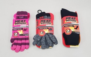 50 X BRAND NEW THERMAL CLOTHING LOT TO INCLUDE HEAT MACHINE THERMAL SOCKS , 3M THINSULATE GLOVES IN GREY , HEAT MACHINE THERMAL GLOVES , FLUFFY HATS ETC - COMES IN 2 TRAYS