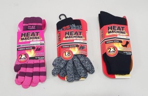 60 X BRAND NEW THERMAL CLOTHING LOT TO INCLUDE HEAT MACHINE THERMAL GLOVES IN PINK AND GREY , HEAT MACHINE THERMAL HAT , FLUFFY BOBBLE HAT ETC - COMES IN 2 TRAYS