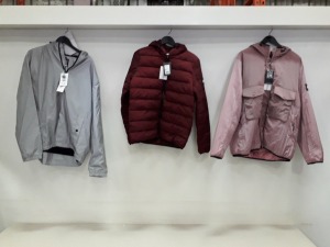 5 X BRAND NEW WEEKEND OFFENDER LIGHT JACKETS IN FOXGLOVE, GINGER, MORELLO AND PAVEMENT SIZE XXL, S AND L