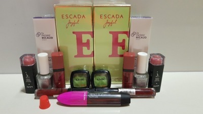 APPROX 100+ PIECE MIXED COSMETIC LOT TO INCLUDE NYX EYE SHADOW, ROUGE VELVET LIPSTICK, ESCADA JOYFUL E EAU DE PARFUM 75ml AND VARIOUS NAIL POLISH ETC.