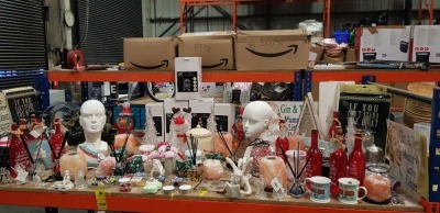 FULL BAY CONTAINING SALT LAMPS, ORIENTAL SPICE LAMP FRAGRANCES, ANGEL ORNAMENTS, CHRISTMAS ORNAMENTS, MUGS, LED ACRYLIC PENGUINS AND DRINKING POSTERS ETC