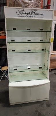 1 X ASHLEIGH & BURWOOD LONDON SHELF UNIT 5 TIER GLASS SHELVES COMES WITH INTERNAL LIGHTS COMES WITH BOTTOM SHELF (52CM D X 100CM W X 217CM H)