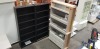 3 PIECE MIXED LOT CONTAINING 2 X 6 TIER BLACK SHELVING CABINETS (28CM D X 80CM W X 201CM H) (AND 1 X JEWELLERY GLASS DISPLAY CABINET WITH 6 DRAWS AND 3 TIER SHELVES (PLEASE NOTE SIDE PANELS ARE MISSING) (33CM D X 118CM W X 220CM H)