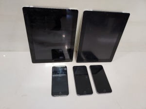 5 PIECE MIXED APPLE LOT CONTAINING 2 X APPLE IPADS AND 3 X APPLE IPHONES (ALL FOR SPARES AND REPAIRS)