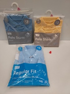 95 PIECE MIXED SCHOOL CLOTHING LOT CONTAINING 2 PACK F&F SHORT SLEEVED SHIRTS IN BLUE, 2 PACK POLO SHIRTS IN BLUE, 2 PACK POLO SHIRTS IN YELLOW AND 2 PACK POLO SHIRTS IN WHITE ETC