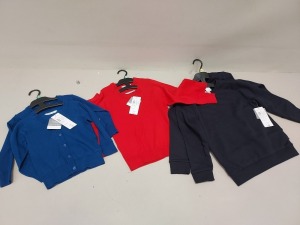 40 PIECE MIXED F&F CLOTHING LOT CONTAINING 2 PACK BLUE CARDIGANS, 2 PACK CREWNECK JUMPERS IN NAVY, 2 PACK RED JUMPERS IN VARIOUS SIZES
