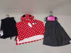 58 PIECE MIXED F&F CLOTHING LOT CONTAINING 2 PACK PINAFORES, 2 PACK JERSEY SKIRTS, 2 PACK NAVY CARDIGANS AND 2 PACK JOGGERS IN BLACK AND DISNEY BABY PONCHO
