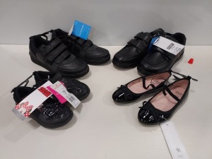 50 X BRAND NEW F&F MIXED KIDS SCHOOL SHOE LOT CONTAINING SHOES IN VARIOUS STYLES AND SIZES (GIRLS AND BOYS) NOTE SIMPLE SECURITY TAGGED