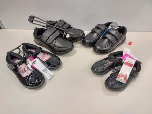 50 X BRAND NEW F&F MIXED KIDS SCHOOL SHOE LOT CONTAINING SHOES IN VARIOUS STYLES AND SIZES (GIRLS AND BOYS) NOTE SIMPLE SECURITY TAGGED
