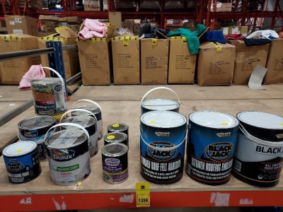 14 PC BRAND NEW DIY LOT IE. 2 X BLACKJACK BITUMEN FELT ADHESIVE 5L, 1 X BLACKJACK BITUMEN ROOFING EMULSION 5L, 1 X BLACKJACK ALL WEATHER ROOF COATING 5L, 3 X DULUX GLOSS PURE BRILLIANT WHITE PAINT, SANDEX SATIN PAINT ETC.