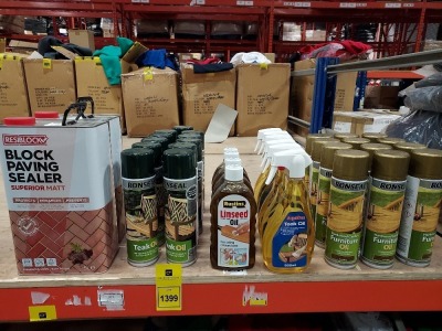 35 PC BRAND NEW DIY LOT IE. 2 X RESIBLOCK BLOCK PAVING SEALER SUPERIOR MATT 5L, 11 X RONSEAL TEAK OIL 500ML, 12 X RONSEAL FURNITURE OIL 500ML, 6 X SUPADEC TEAK OIL 500ML, 4 X RUSTINS LINSEED OIL 500ML
