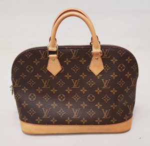 BROWN & TAN ALMA SHAPED HANDBAG IN THE STYLE OF AND BRANDED AS LOUIS VUITTON (THERE IS A TAG SEWN INTO THE INSIDE POCKET WITH THE REFERENCE NUMBER BA0048)