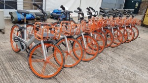 10 X ORANGE & SILVER CITY CAMPING BICYCLES - TRADE LOT - ROBUST ALUMINIUM 19 X 48 FRAME, SOLID PUNCTURE PROOF 24 TYRES, DYNAMO BUILT INTO FRONT WHEEL HUB, INTEGRATED BRAKE CABLES, COMPLETE WITH FRONT BASKET. PHOTOS ARE AN AVERAGE REPRESENTATION OF CONDITI