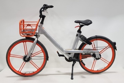 ORANGE & SILVER CITY CAMPING BICYCLE - ROBUST ALUMINIUM 19 X 48 FRAME, SOLID PUNCTURE PROOF 24 TYRES, DYNAMO BUILT INTO FRONT WHEEL HUB, INTEGRATED BRAKE CABLES, COMPLETE WITH FRONT BASKET. PHOTOS ARE AN AVERAGE REPRESENTATION OF CONDITION (NOTE COLLECTIO