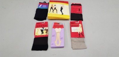40 PIECE MIXED SPANX CLOTHING LOT CONTAINING SHEER KNEE HIGH SOCKS IN COCOA, TOPLESS TROUSER SOCKS, TIGHT END TIGHTS, MID THIGH SHAPER, TOPLESS LEGBAND TROUSER SOCKS ETC