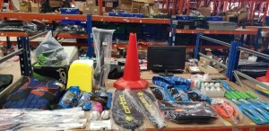 50 PIECE MIXED SPORTS LOT CONTAINING CONES, RACKETS, CRICKET BATS, PROFFESSIONAL SHIN GUARDS, SWIMMING FLOATS AND A HELMET ETC