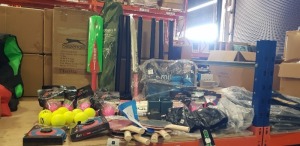 50 PIECE MIXED SPORTS LOT CONTAINING TENNIS BALLS, BASEBALL MIT, WEIGHTED TRAINING BALL, CRICKET BATS, STOP WATCH, FIBRE GLASS TAPE MEASURE, SLAZENGER TENNIS BALL HOPPER ETC