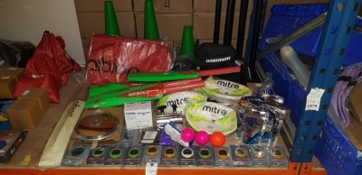 50 PIECE MIXED SPORTS LOT CONTAINING MITRE RUGBY BALLS, GRAY NICHOLAS BATS, DIGITAL STOPWATCH, CRICKET BALLS, BULLDOG COLLARS, COMBS, CRICKET BALLS AND ELASTICATED COLD BANDAGES ETC