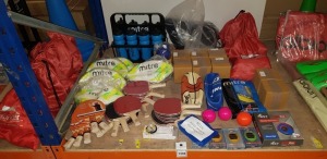 50 PIECE MIXED SPORTS LOT CONTAINING MATTHEW SYED PING PONG RACKET, MITRE SPORTS BOTTLE HOLDER WITH BOTTLES, MITRE RUGBY BALLS, BASKETBALLS, MITRE GOALKEEPER GLOVES, FIBRE GLASS TAPE MEASURE AND WARRIOR WEIGHTED SHORTS ETC