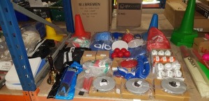 50 PIECE MIXED SPORTS LOT CONTAINING ARRESON ROUNDERS BALLS, MITRE SHIN GUARDS, MOLTEN VOLLEYBALLS, FIBRE GLASS MEASURING TAPE, CONES, BELLS, BASKETBALL AND EVEQ DISC AND CRICKET BALLS ETC