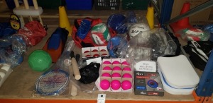 50 PIECE MIXED SPORTS LOT CONTAINING BADMINTON RACKETS, BASEBALL GLOVES, SIZE 3 FOOTBALL, ARRISON ROUNDERS BALL, SOFT TOUCH VOLLEYBALL, BECO RUBBER SHORT FINS FLIPPERS, MOLTEN VOLLEYBALL, FIBER GLASS TAPE MEASURE AND ROUNDER BATS ETC