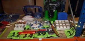 50 PIECE MIXED SPORTS LOT CONTAINING HURDLES, GILBERT WEIGHTED VEST, CONES, SWIMMING FLOATS, NUMBERED BIBS, CRICKET BALLS, MITRE RUGBY BALLS AND PANTHER ROUNDERS BAT, SLAZENGER CRICKET BAT ETC