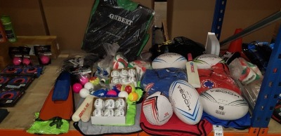 50 PIECE MIXED SPORTS LOT CONTAINING RUGBY BALLS, BLUE AND RED NIKE BIBS, BECO RUBBER SHORT FIN FLIPPERS, SWIMMMING FLOATS, ROUNDERS BAT, GILBERT WEIGHTED VEST ETC