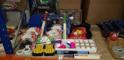 50 PIECE MIXED SPORTS LOT CONTAINING UMBRO RUGBY BALLS , CRAZY BALL , SURE SHOT NETS , SLAZENGER PULSE BAT , SLAZENGER CONTEST BAT , CRICKET BAT , GILBERY WEIGHTED VEST , DELUXE NOSE CLIP RING LED LIGHT ETC