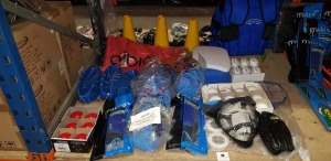 50 PIECE MIXED SPORTS LOT CONTAINING BADMINTON RACKETS , BASEBALL GLOVE , MITRE SHIN GUARDS , ALL ROUND CRICKET BALLS , SWIMMING FLOATS , ARESSON ROUNDERS BALL S . BASKETBALLS , CONES , WEIGHTED VEST ETC