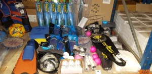 50 PIECE MIXED SPORTS LOT CONTAINING TK PLAYERS FACE MASK , ARESSON ROUNDERS BALLS , BASKETBALL GOAL AND NET , SWIMMING FLOATS , MITRE SHIN GUARDS , BECO RUBBER SHORT FIN FLIPPERS PUMP , BADMINTON RACKETS , MERCIAN KICKER HARNESS ETC